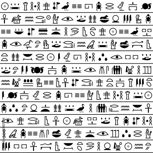 Ancient egyptian hieroglyph seamless pattern. Pharaoh papyrus. Old Egypt culture. Black line design set with historical script icons, text symbols. Ornamental letter art. Vector illustration isolated