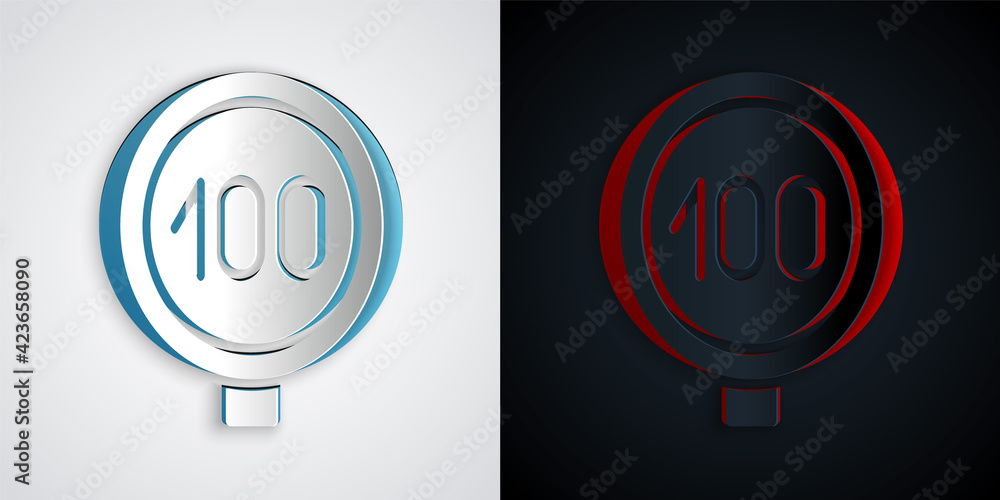 Paper cut Speed limit traffic sign 100 km icon isolated on grey and black background. Paper art style. Vector Paper cut Speed limit traffic sign 100 km icon isolated on grey and black background. Paper art style. Vector