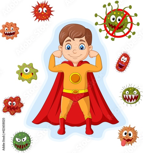 Cartoon strong superhero boy with viruses and bacteria