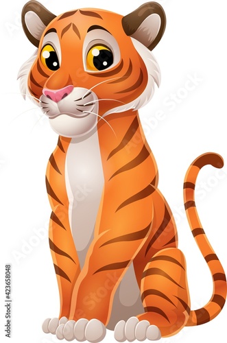 Cartoon funny tiger sitting isolated on white background