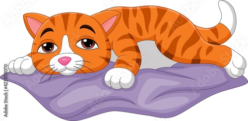 Tired cartoon cat sleeping on the pillow