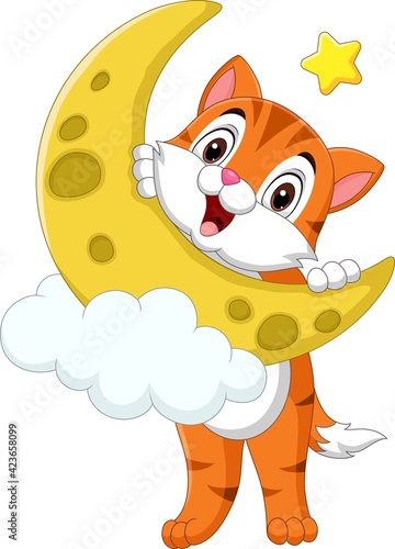 Cartoon funny little cat with yellow moon