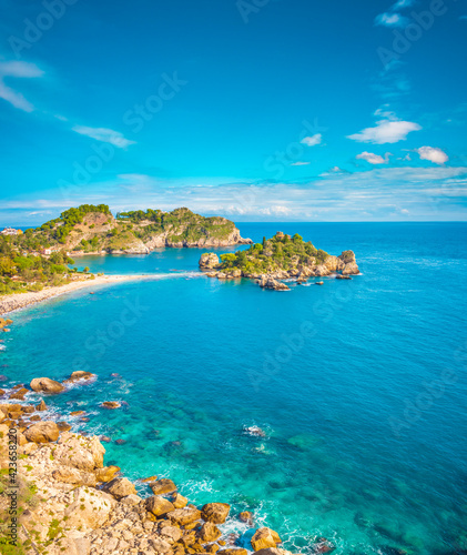 Vertical panorama of Isola Bella beach in Taormina  Sicily. Sunny bright day at lovely tropical beach in Sicily 