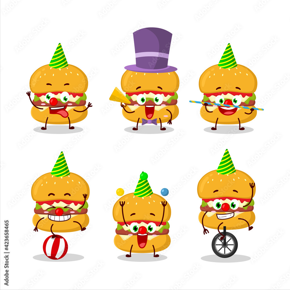 Cartoon character of cheeseburger with various circus shows Cartoon character of cheeseburger with various circus shows