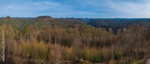 Panoramic view on the Palatinate Forest as seen from the Kirschfelsen near Annweiler in Germany.