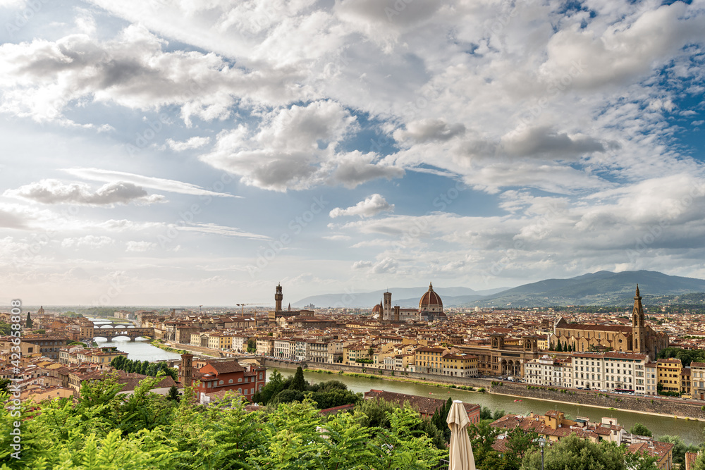 Florence cityscape seen from the Hill with the cathedral in the center, Santa Maria del Fiore and the bell tower of Giotto (Campanile). UNESCO world heritage site, Tuscany, Italy, Europe.