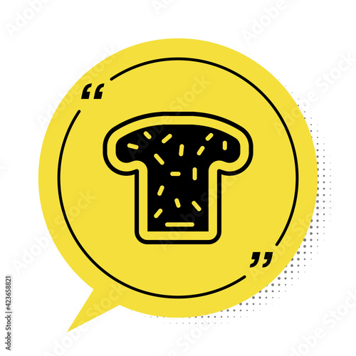 Black Bread toast for sandwich piece of roasted crouton icon isolated on white background. Lunch, dinner, breakfast snack. Yellow speech bubble symbol. Vector