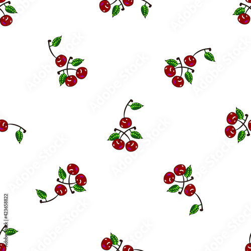 Wallpaper Mural Seamless pattern with bright cherries on a white background. Suitable for fabric, wrapping paper, napkins, dishes, wallpapers, bags, covers, dishes, souvenirs, covers for smartphones, cafes. Torontodigital.ca