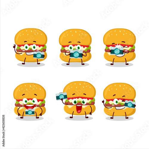 Photographer profession emoticon with cheeseburger cartoon character