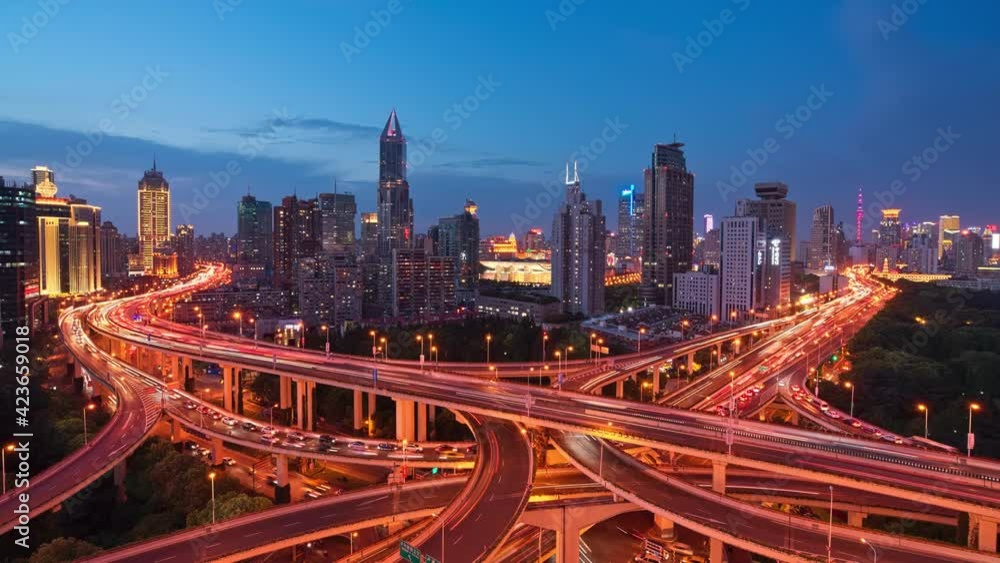 Time-lapse aerial view of busy highway at night during rush hour, congested highways, overpass on Yan'an East Road in Shanghai Time-lapse aerial view of busy highway at night during rush hour, congested highways, overpass on Yan'an East Road in Shanghai