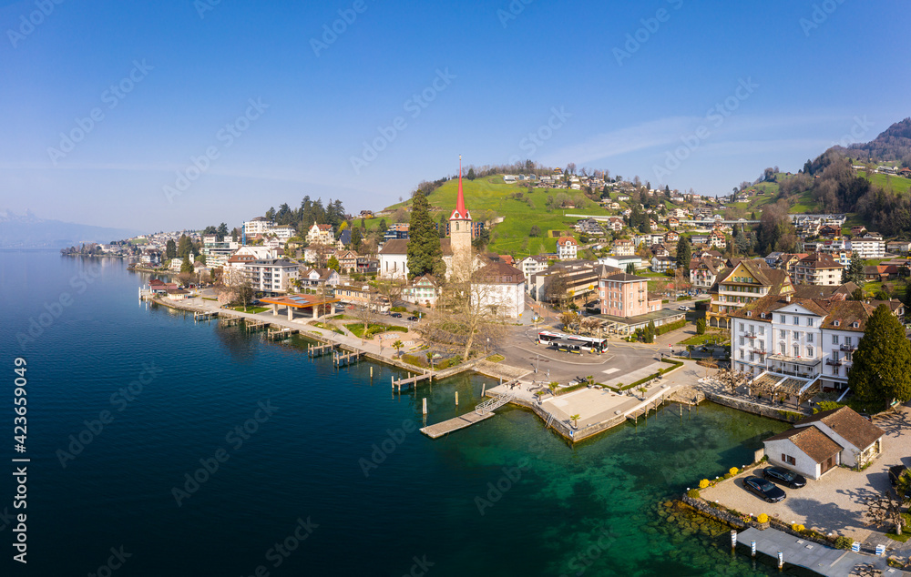 Aerial view of the idyllic Weggis town by lake Lucerne in Central Switzerland on a sunny spring day