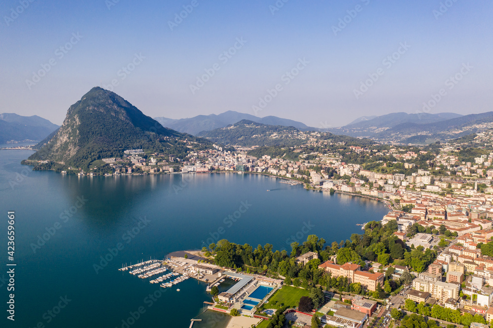 Aerial view of the city of Lugano with mount San Salvatore by lake Lugano in Canton Ticino in Switzerland