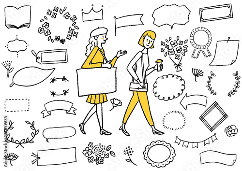 仲良く話をする女性2人とフレーム_セット