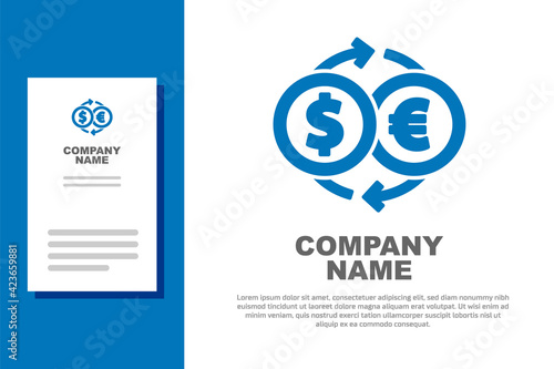 Blue Money exchange icon isolated on white background. Euro and Dollar cash transfer symbol. Banking currency sign. Logo design template element. Vector