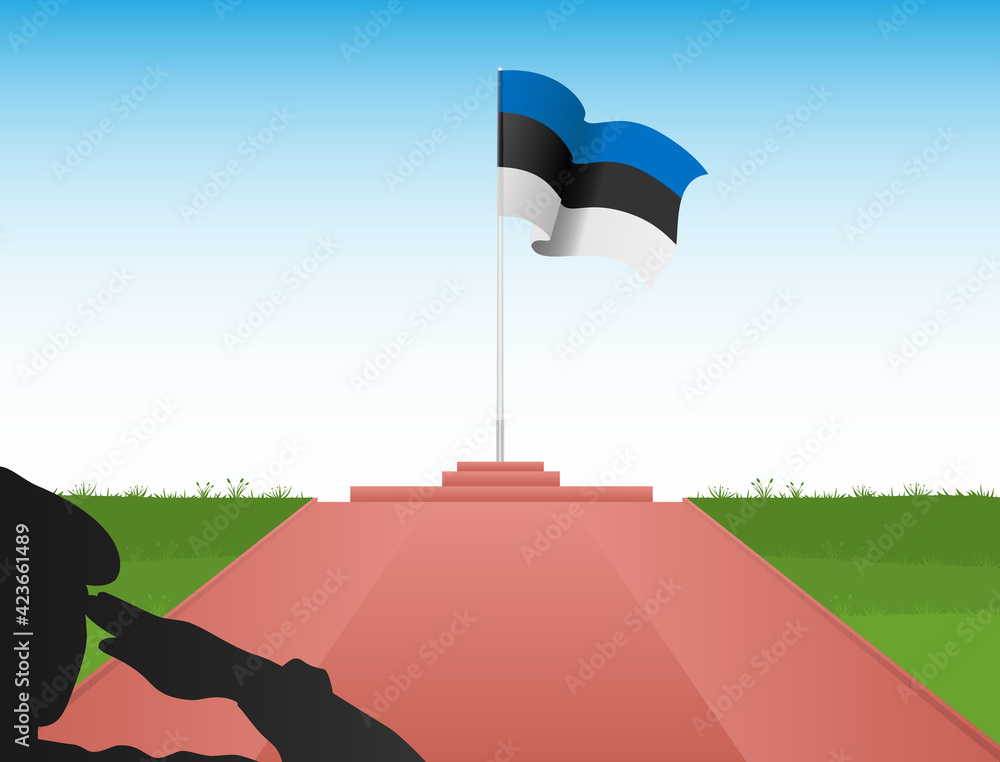 The Estonian flag flies at the top of the pole in the image of a soldier saluting the flag