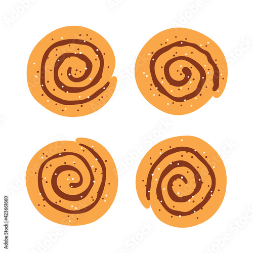 Cinnamon rolls with sugar. Set of swirl buns. Hand drawn isolated vector illustration on white background