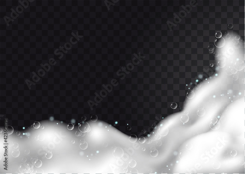 Realistic background with Soap foam. Bath laundry white bubbles, shampoo soap clean bubbling shiny washing hygiene detergent vector. Checkered transparent background