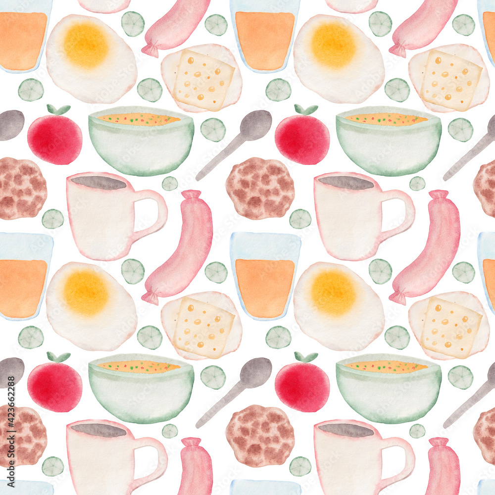 Pattern from food products tomato juice bread cheese breakfast on a white background sausage Pattern from food products tomato juice bread cheese breakfast on a white background sausage