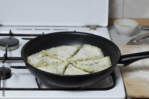 Wallpaper Mural Onion cheese cakes. Homemade cheese, green onions and bacon flatbread. Flatbread with onion cheese and beacon fried in a pan. Torontodigital.ca