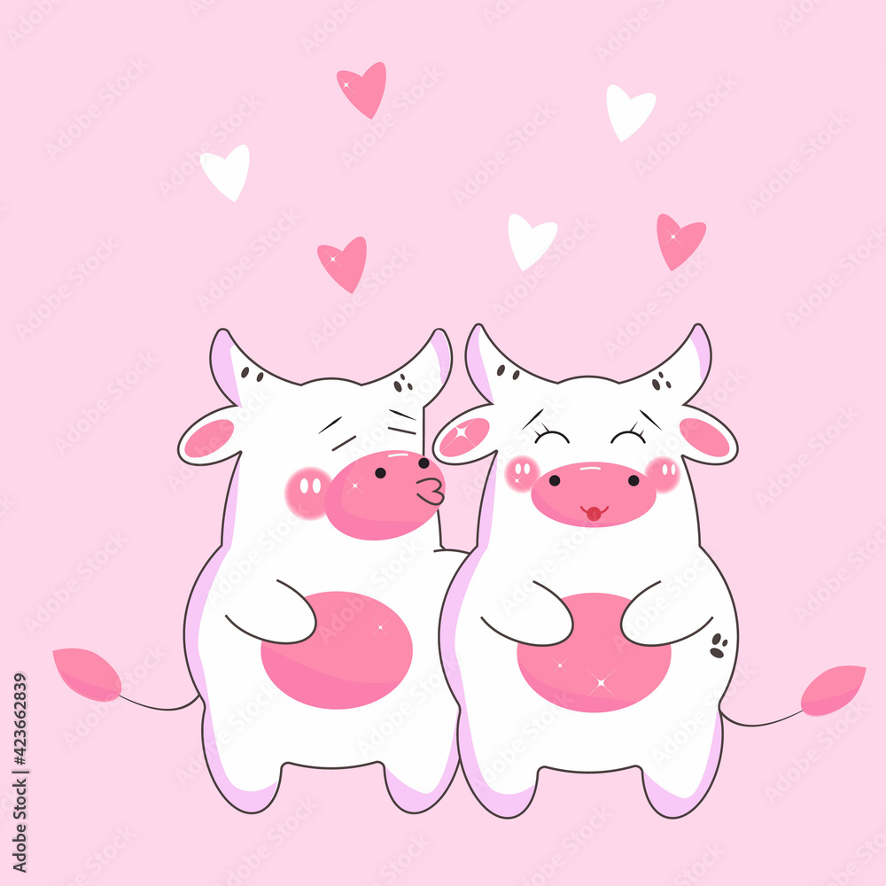 cartoon cows cute kiss, bull kawaii and cow, valentine's day greeting card kiss and hearts, love of two cows