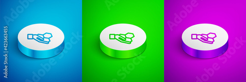 Isometric line Honeycomb and hand icon isolated on blue, green and purple background. Honey cells symbol. Sweet natural food. White circle button. Vector