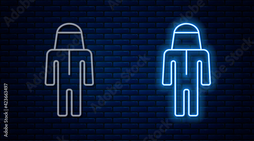 Glowing neon line Beekeeper with protect hat icon isolated on brick wall background. Special protective uniform. Vector