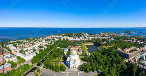 Naval cathedral of Saint Nicholas in Kronstadt, St.-Petersburg, Russia. Panoramic view of the center of Kronstadt with the cathedral on a sunny summer day