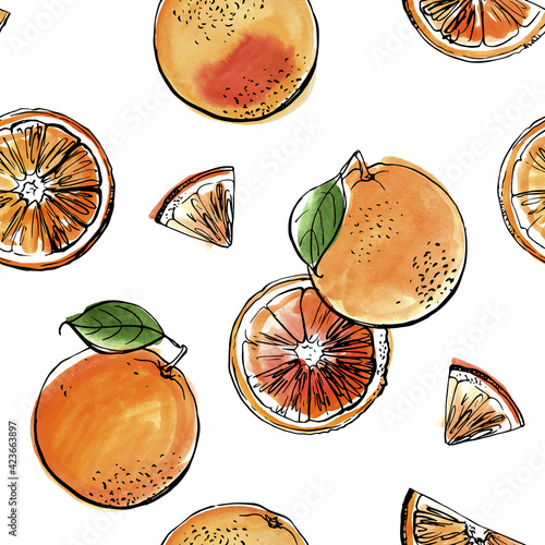 Citrus sketch pattern. Drawing in ink and watercolors on a white background.