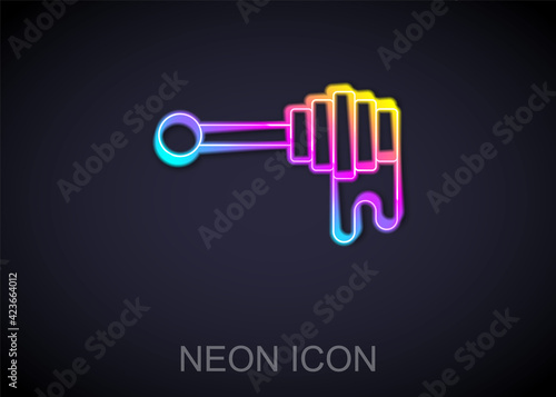 Glowing neon line Honey dipper stick with dripping honey icon isolated on black background. Honey ladle. Vector
