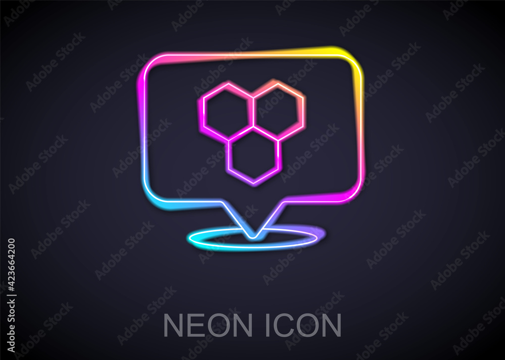 Glowing neon line Honeycomb bee location map pin pointer icon isolated on black background. Farm animal map pointer. Vector Glowing neon line Honeycomb bee location map pin pointer icon isolated on black background. Farm animal map pointer. Vector