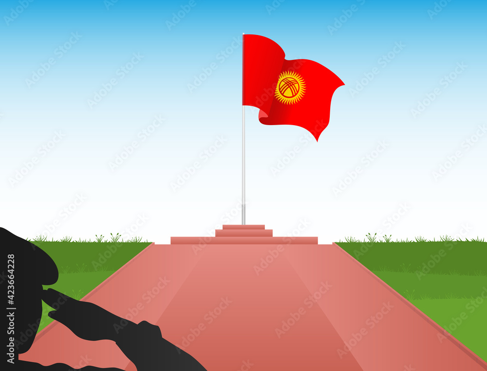 The flag of Kyrgyzstan on a pole depicts a soldier saluting the flag