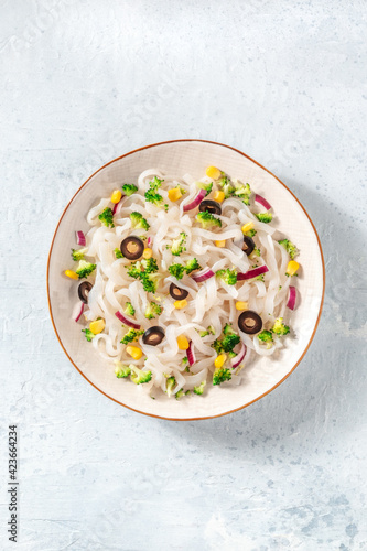 Vegan konjac pasta with vegetables, overhead shot