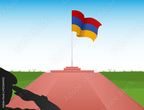 Armenian flag on a pole with the image of a soldier saluting the flag