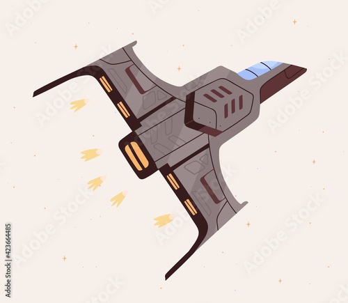 Futuristic spaceship with fire flames flying in outer space. Flight of fantasy intergalactic spacecraft. Spaceflight of cosmic shuttle. Colored flat vector illustration of spacewalk in cosmos