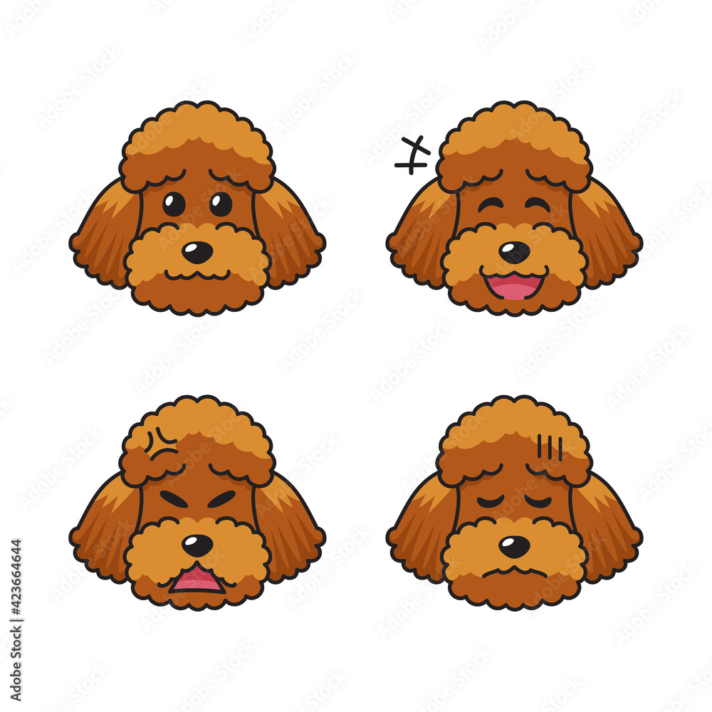 Fototapeta premium Set of character brown poodle dog faces showing different emotions for design.