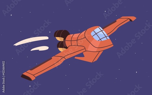 Spaceship flying in sky. Intergalactic Spacecraft flight in outer space. Fantasy cosmic shuttle in cosmos. Colored flat vector illustration of spaceflight or spacewalk in universe