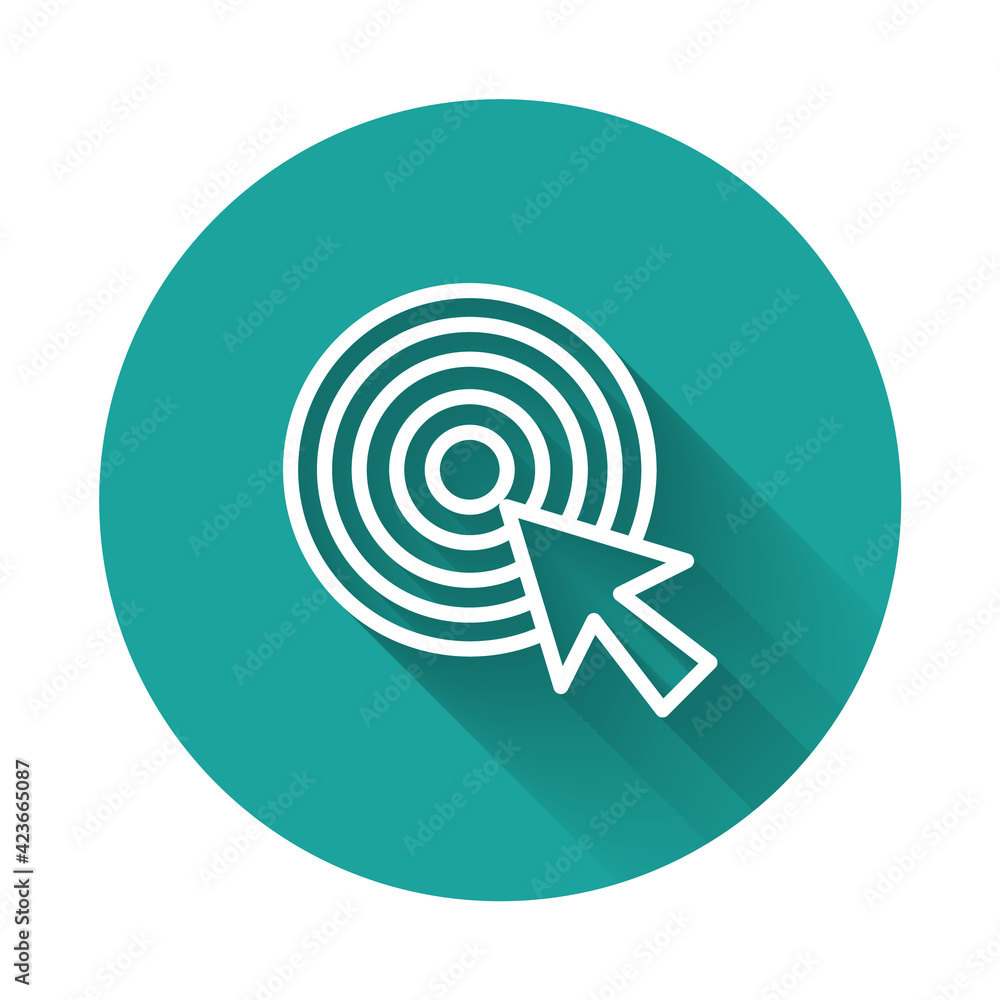 White line Target with arrow icon isolated with long shadow background. Dart board sign. Archery board icon. Dartboard sign. Business goal concept. Green circle button. Vector White line Target with arrow icon isolated with long shadow background. Dart board sign. Archery board icon. Dartboard sign. Business goal concept. Green circle button. Vector