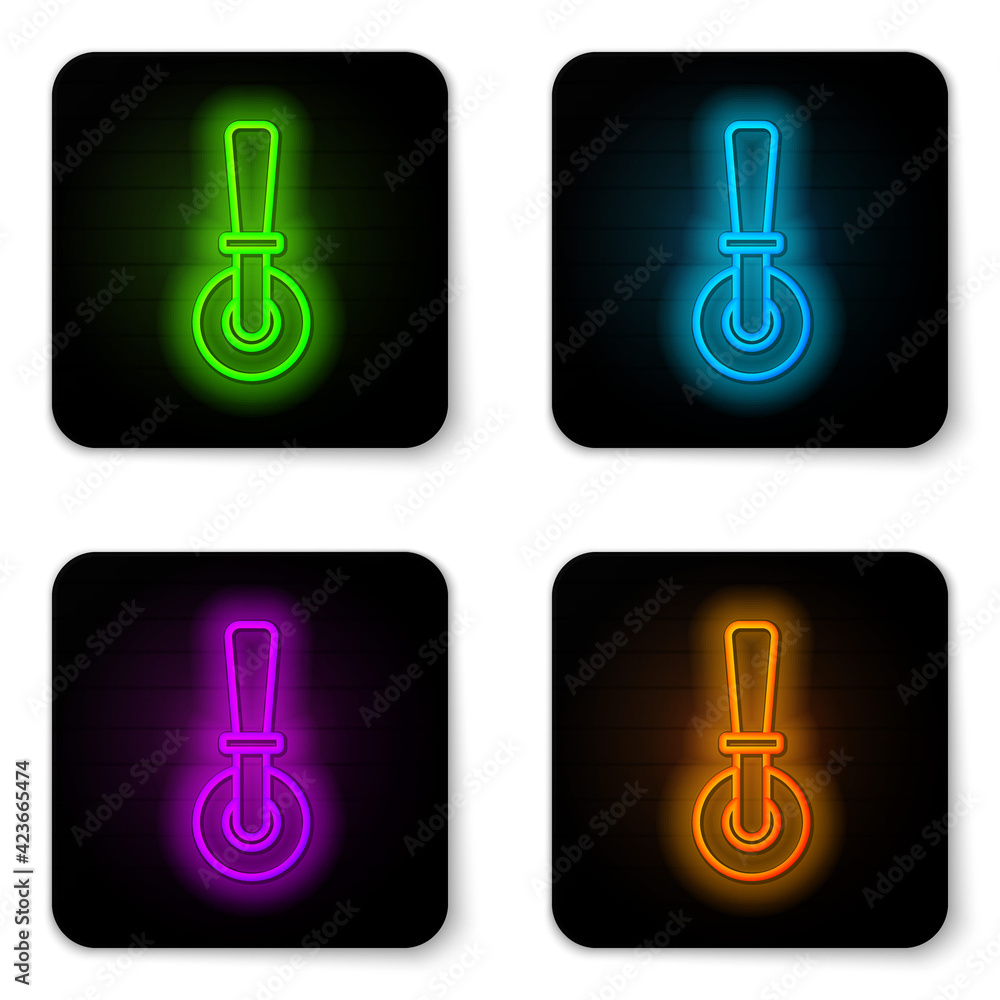 Glowing neon line Pizza knife icon isolated on white background. Pizza cutter sign. Steel kitchenware equipment. Black square button. Vector Glowing neon line Pizza knife icon isolated on white background. Pizza cutter sign. Steel kitchenware equipment. Black square button. Vector