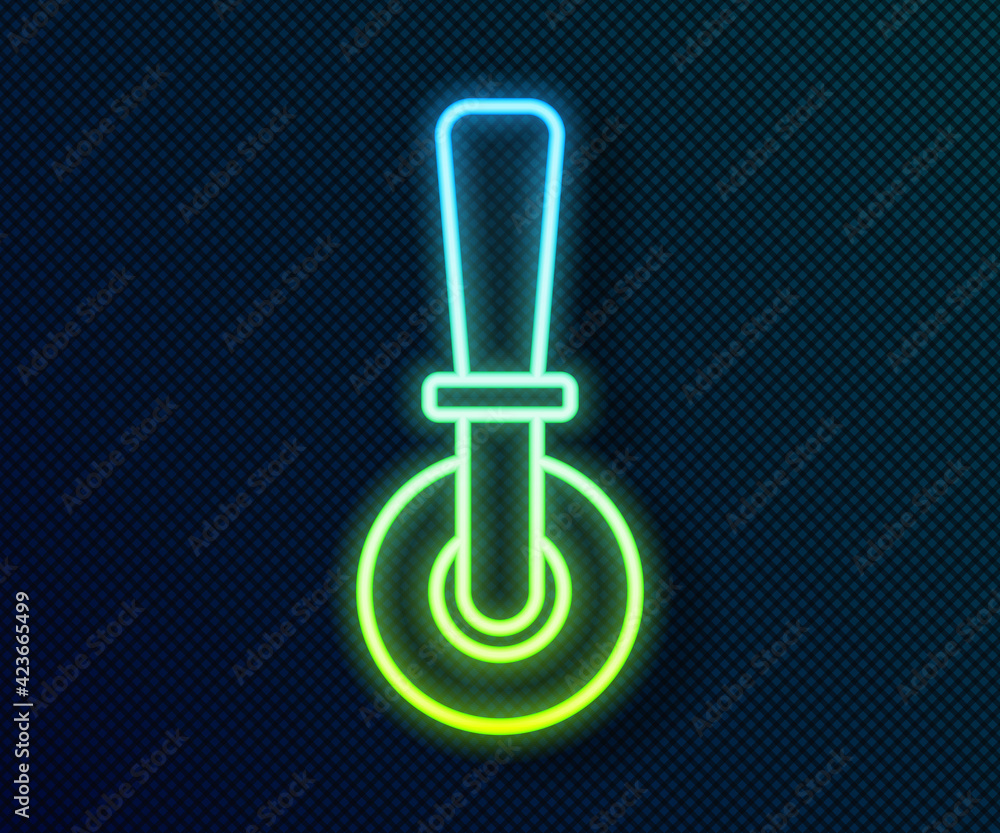 Glowing neon line Pizza knife icon isolated on black background. Pizza cutter sign. Steel kitchenware equipment. Vector Glowing neon line Pizza knife icon isolated on black background. Pizza cutter sign. Steel kitchenware equipment. Vector