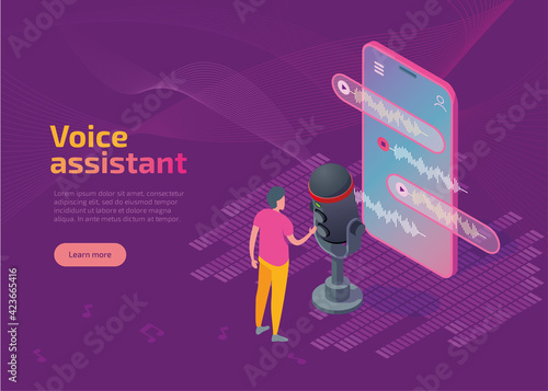 Voice assistant application isometric landing page, web banner