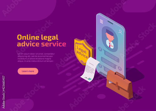 Online legal advice service isometric landing page
