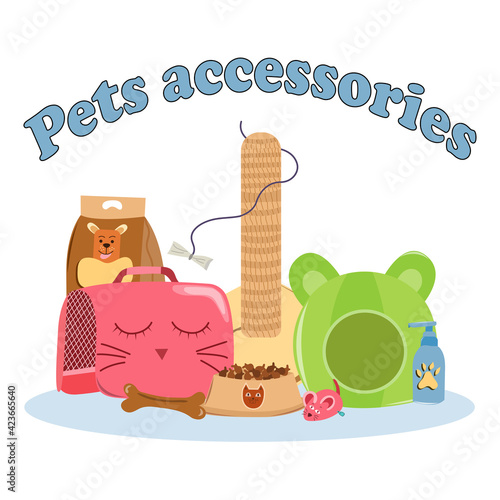 Pet care acessories set with inscription. Collection of pets elements. Various pet supplies. Flat isolated vector illustration on white background.