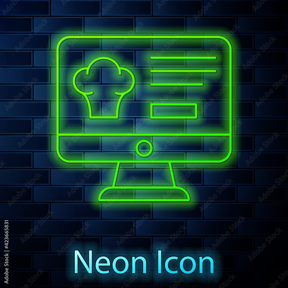 Glowing neon line Online ordering and fast food delivery icon isolated on brick wall background. Vector Glowing neon line Online ordering and fast food delivery icon isolated on brick wall background. Vector