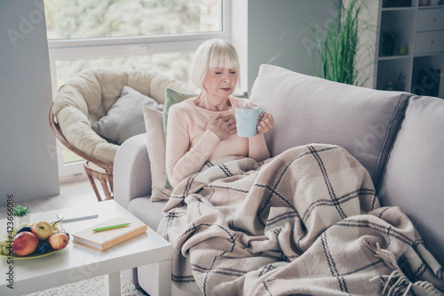 Portrait of attractive depressed grey-haired woman lying on divan feeling bad drinking remedy in house flat indoors