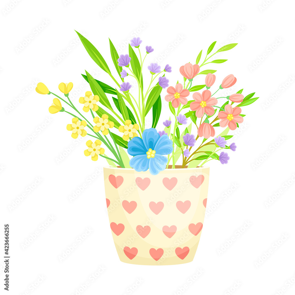 Flowerpot with Flowering Meadow Plants Blooming as Spring Vector Composition