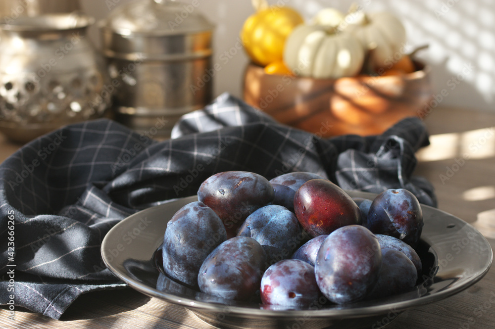 Fresh blue plums in black plate and mini pumpkins Fresh blue plums in black plate and mini pumpkins
