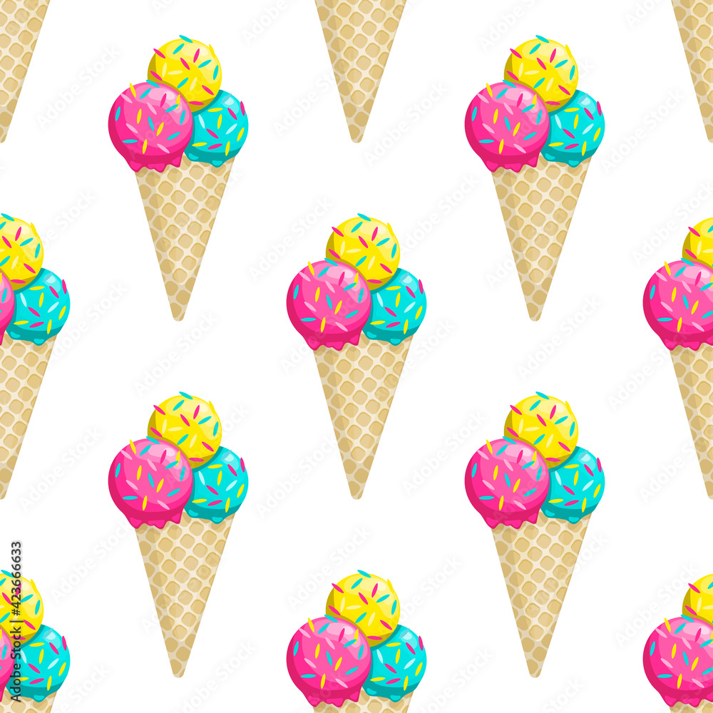 Seamless vector pattern with ice cream cone on a white background.