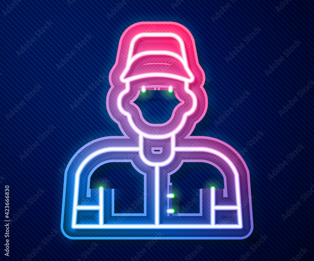 Glowing neon line Baseball player icon isolated on blue background. Vector