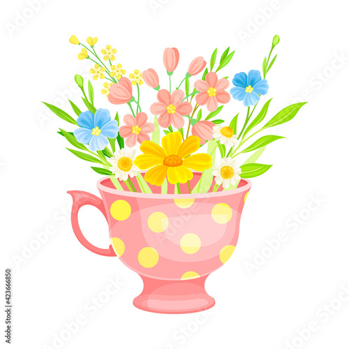 Mug with Fragrant Blooming Flowers as Floristic Spring Vector Composition