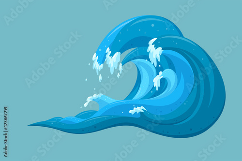 Tsunami waves background. Moving ocean waves in cartoon style. Vector illustration in turquoise background